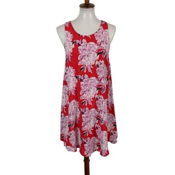 ASTR Dress Large Red Floral Sleeveless Fit Flare Boho Summer - Picture 1 of 5
